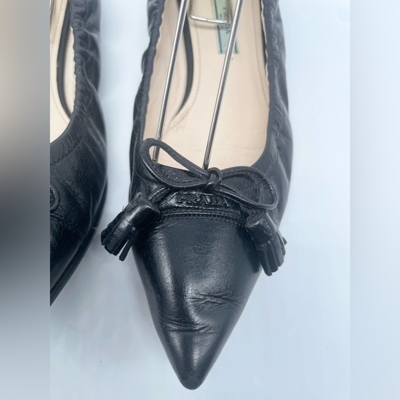 Prada Black Leather Cap toe logo embellish bow tie stretch ballerina flats EU 38 - Picture 5 of 13